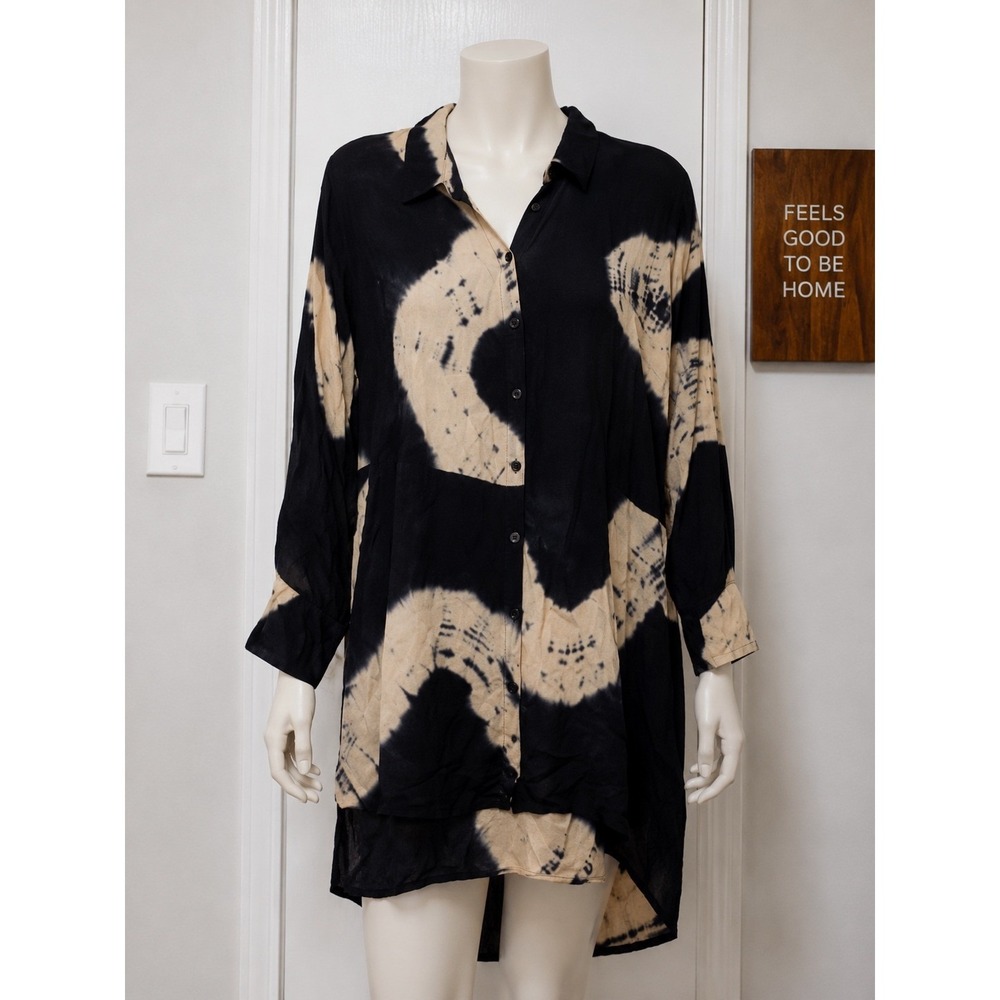 Missguided Black Cream Tie Dye Shirt Dress Women's Size 4 Button Up Long Sleeve